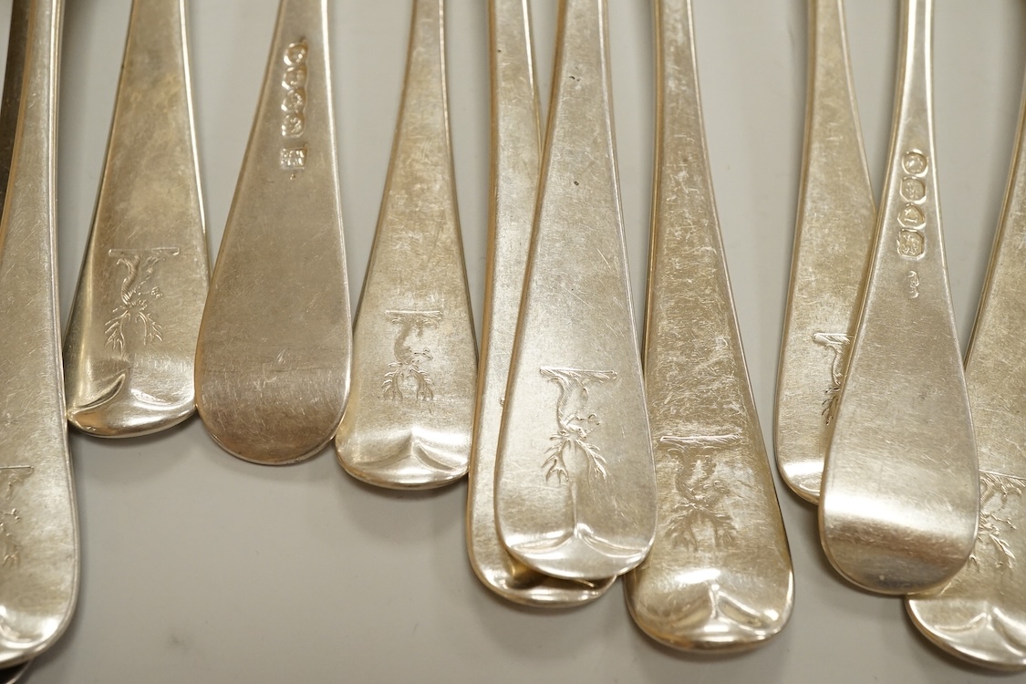 A set of eight George IV silver Hanoverian pattern table forks by Eley & Fearn, London, 1821, three other similar table forks and a set of eleven Victorian silver Hanoverian pattern dessert forks, George Adams, London, 1